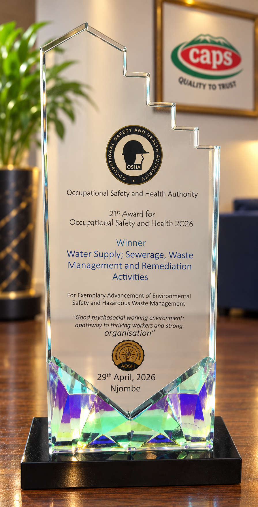 OSHA AWARD WINNER WATER SUPPLY; SEWERAGE, WASTE MANAGEMENT AND REMEDIATION ACTIVITIES  2026